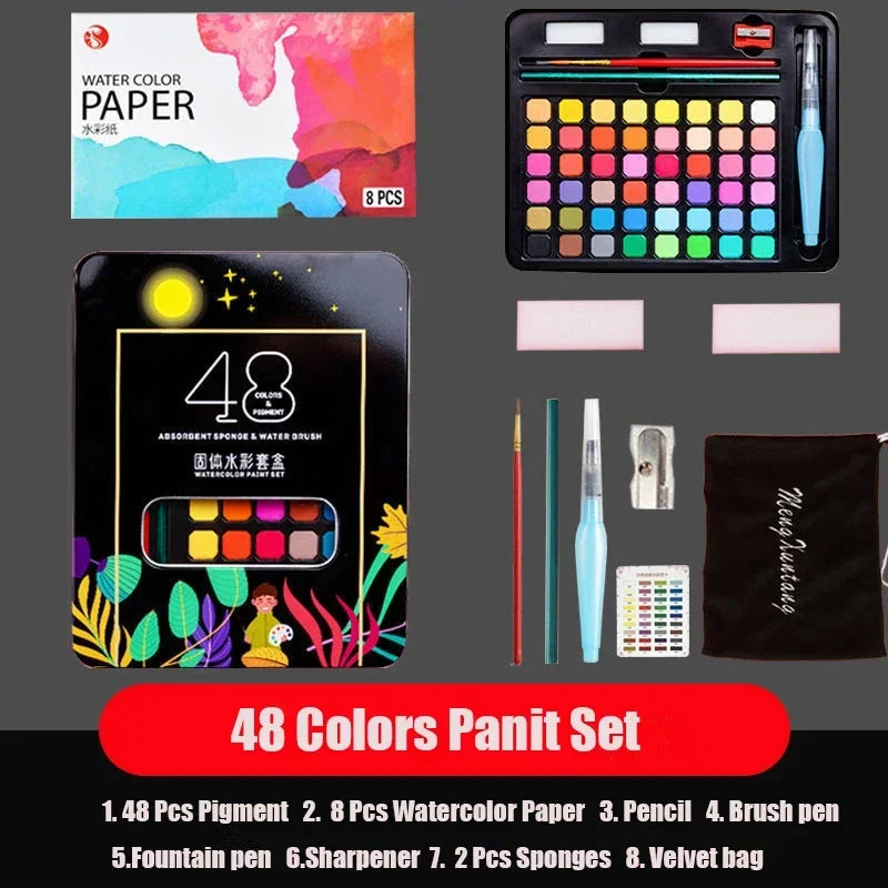 Watercolor Painting  48 Colors Solid Water Color Paint With Brush