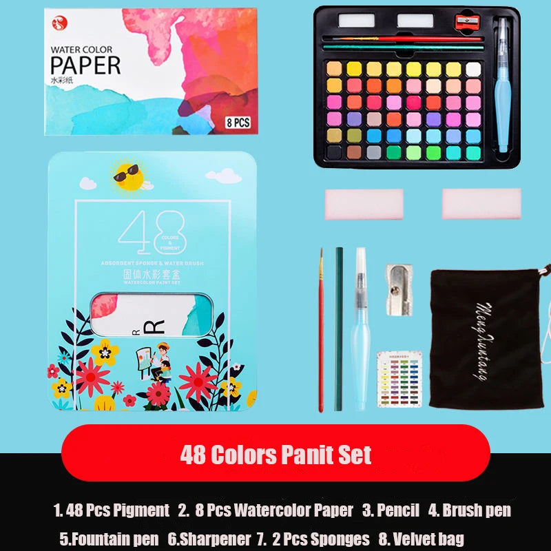 Watercolor Painting  48 Colors Solid Water Color Paint With Brush