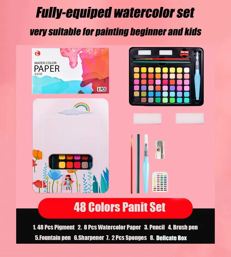 Watercolor Painting  48 Colors Solid Water Color Paint With Brush