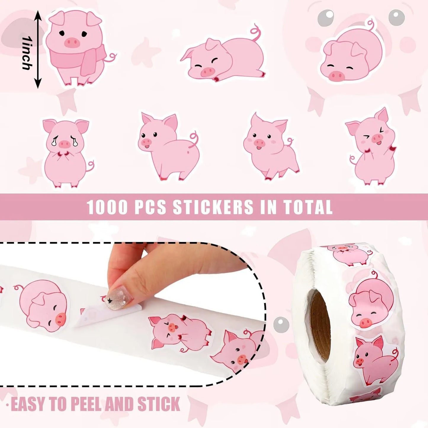 500 Pcs/roll Pink Pig Stickers