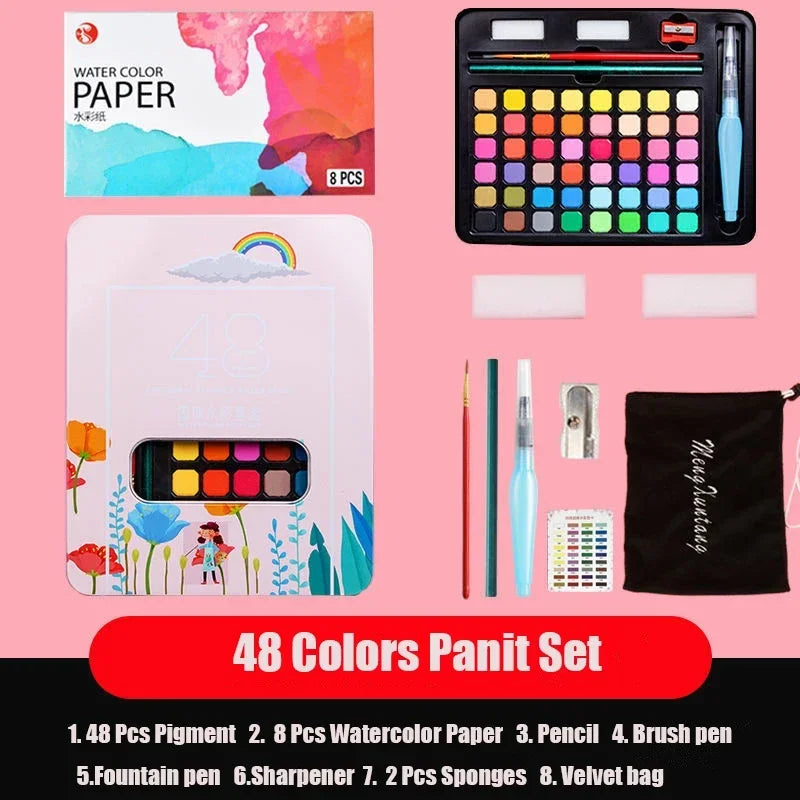 Watercolor Painting  48 Colors Solid Water Color Paint With Brush