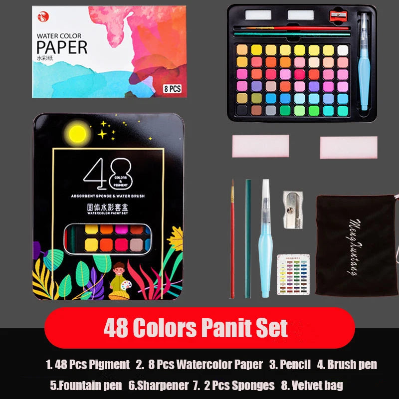 Watercolor Painting  48 Colors Solid Water Color Paint With Brush