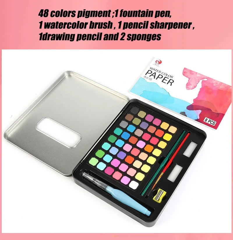 Watercolor Painting  48 Colors Solid Water Color Paint With Brush