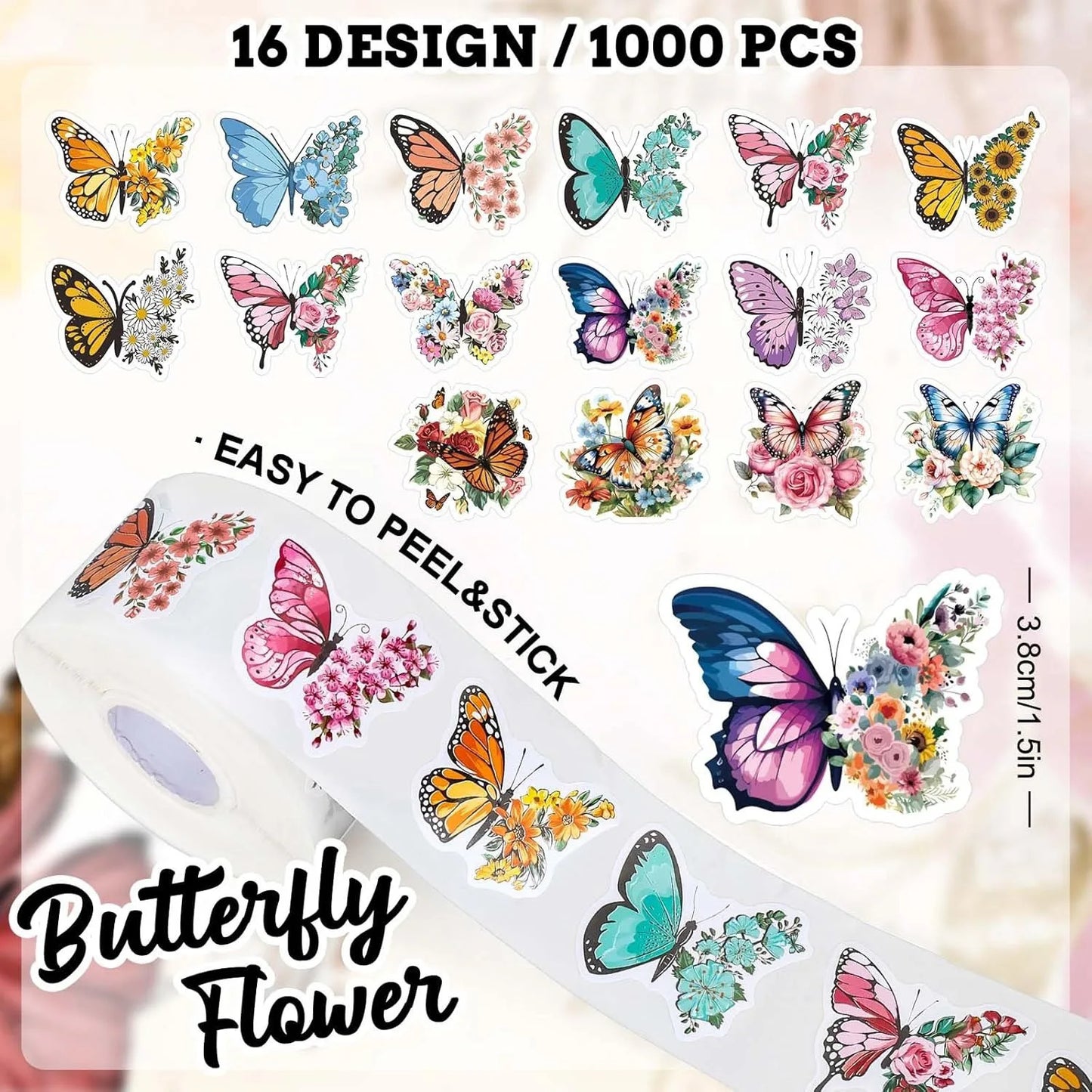 500Pcs /1 Rolls 3.8cm/1.5 inch Butterfly Flower Shaped Sticker