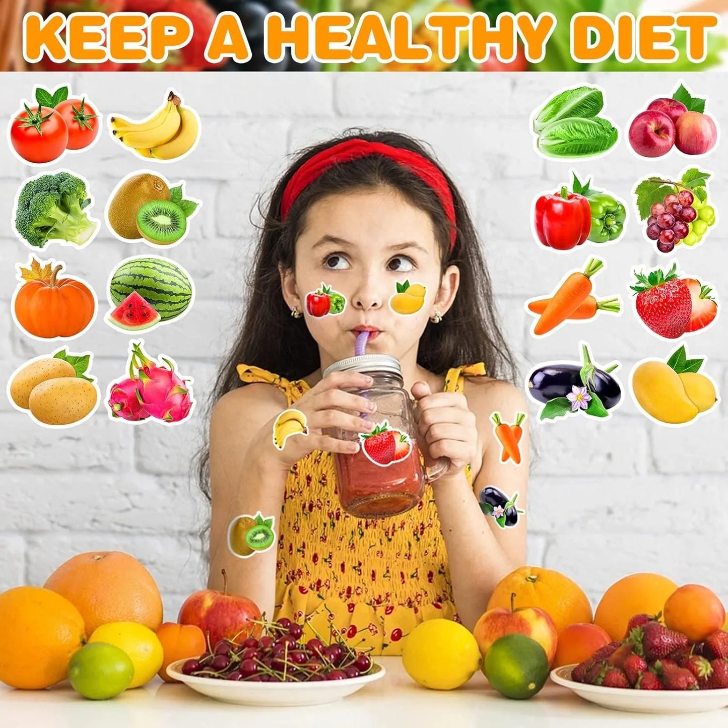 500 Pcs / roll 2.5cm Fruits and Vegetables Stickers