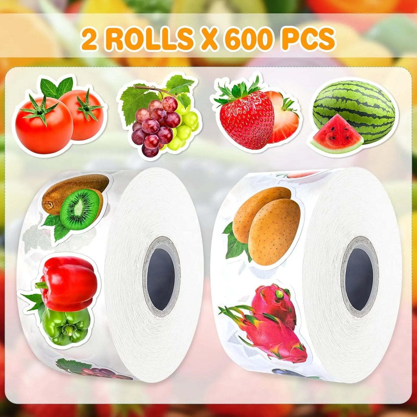 500 Pcs / roll 2.5cm Fruits and Vegetables Stickers