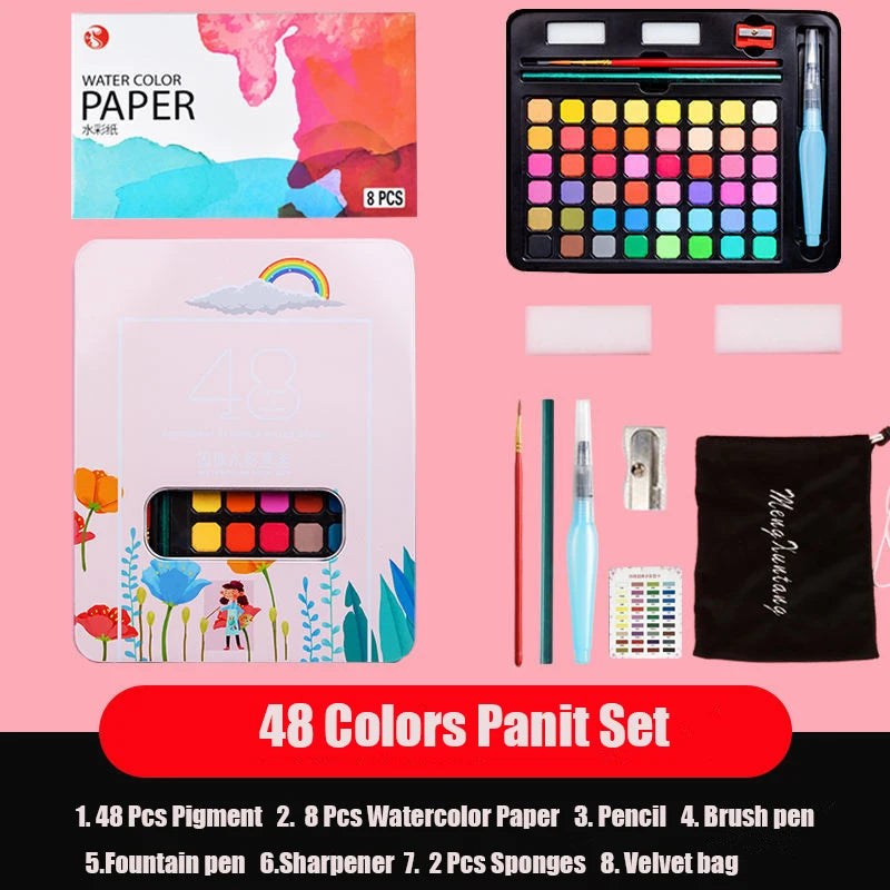 Watercolor Painting  48 Colors Solid Water Color Paint With Brush